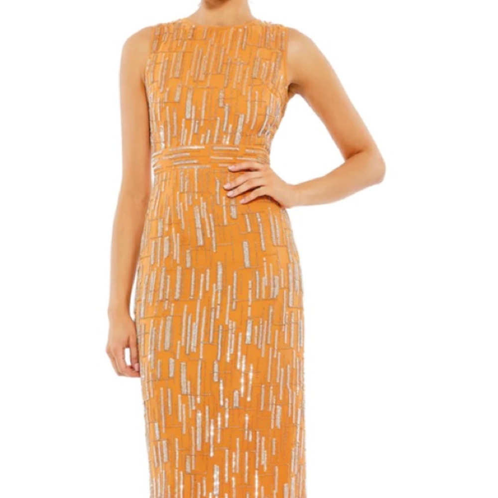 Mac Duggal #70264 size 4 Orange abstract beaded sleeveless sheath dress